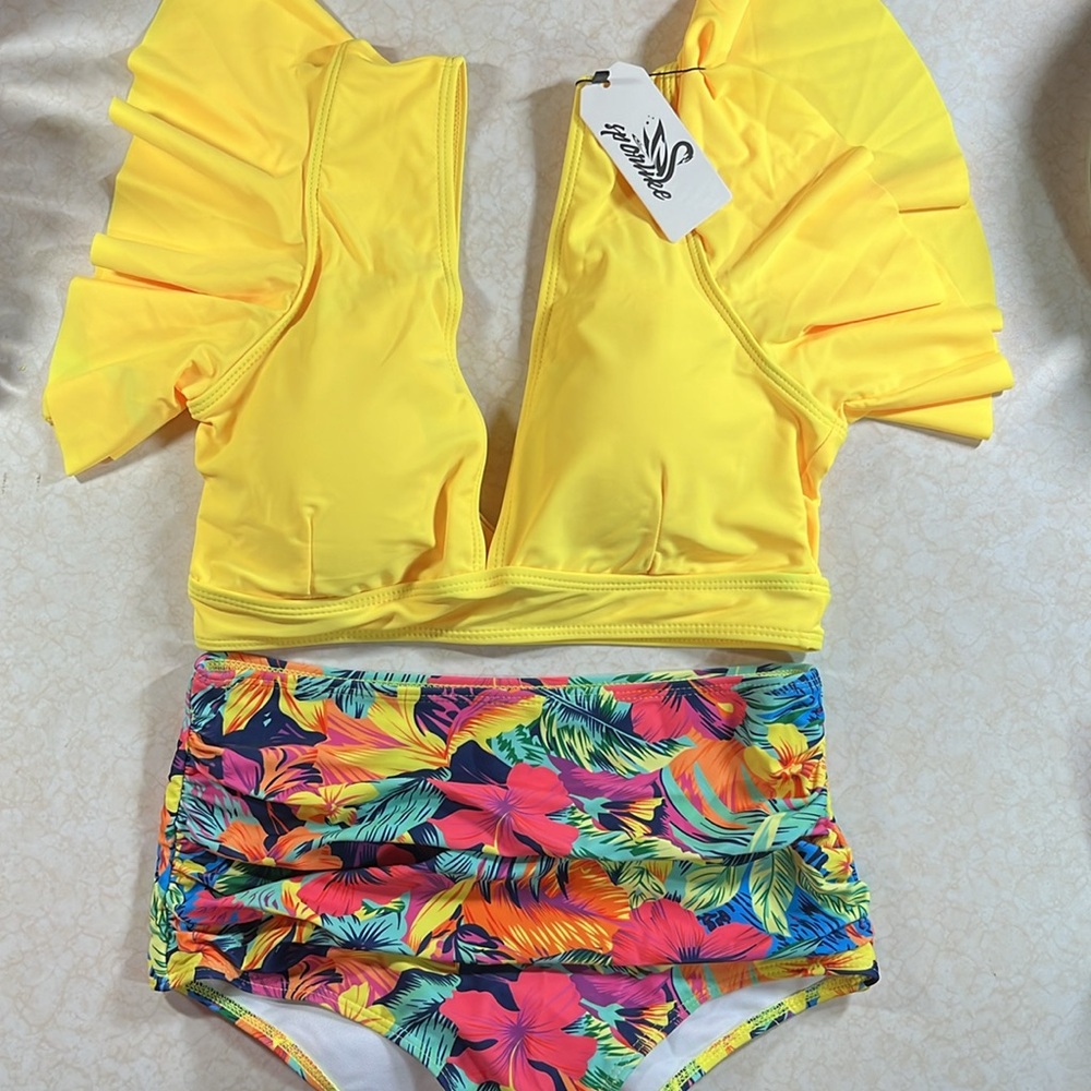 NWT Tropical Yellow Bikini High-Waisted Floral Bottom & Unique Yellow Bikini Top